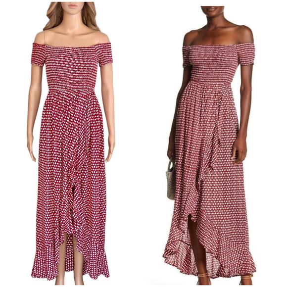 Tiare Hawaii Cheyenne Off The Shoulder Cover-up Maxi Dress cotton Red Dot OS - Picture 2 of 9